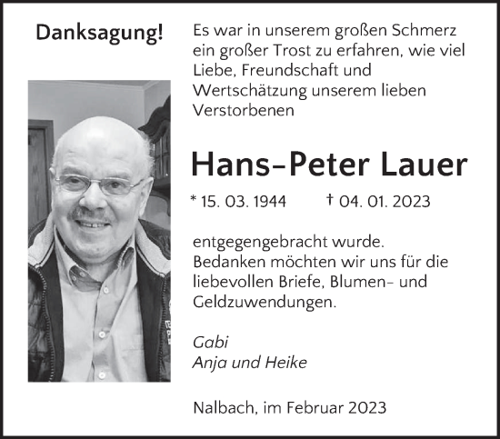 Todesanzeige von Hans-Peter Lauer von saarbruecker_zeitung