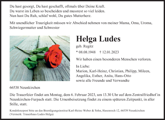 Todesanzeige von Helga Ludes von saarbruecker_zeitung
