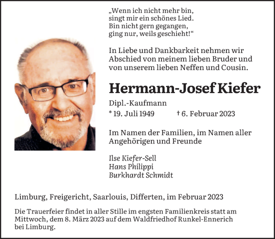 Todesanzeige von Hermann-Josef Kiefer von saarbruecker_zeitung