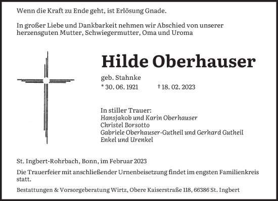 Todesanzeige von Hilde Oberhauser von saarbruecker_zeitung