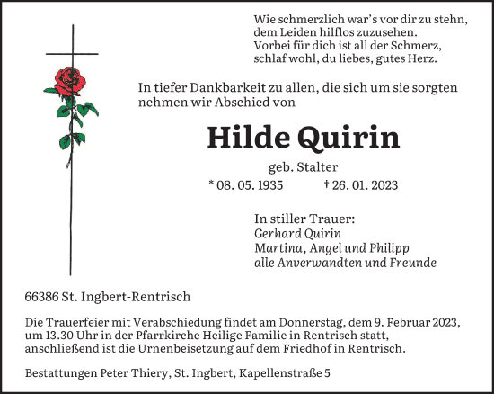 Todesanzeige von Hilde Quirin von saarbruecker_zeitung