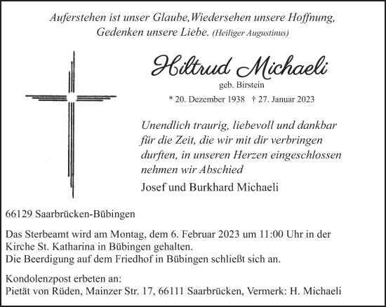 Todesanzeige von Hiltrud Michaeli von saarbruecker_zeitung