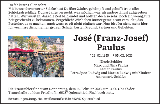 Todesanzeige von Jose Paulus von saarbruecker_zeitung