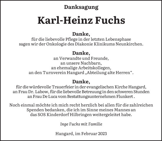 Todesanzeige von Karl-Heinz Fuchs von saarbruecker_zeitung