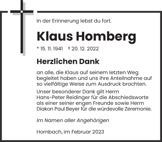 Todesanzeige von Klaus Homberg von saarbruecker_zeitung