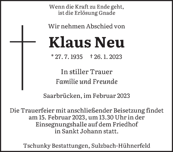 Todesanzeige von Klaus Neu von saarbruecker_zeitung