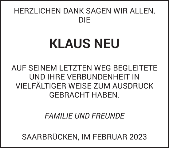 Todesanzeige von Klaus Neu von saarbruecker_zeitung