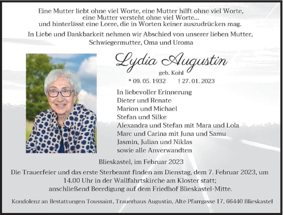 Todesanzeige von Lydia Augustin von saarbruecker_zeitung