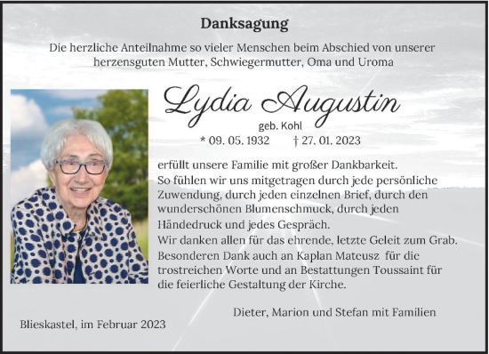 Todesanzeige von Lydia Augustin von saarbruecker_zeitung
