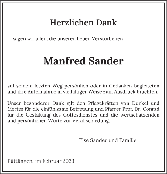 Todesanzeige von Manfred Sander von saarbruecker_zeitung