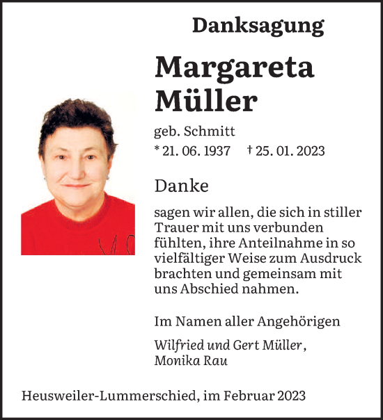 Todesanzeige von Margareta Müller von saarbruecker_zeitung