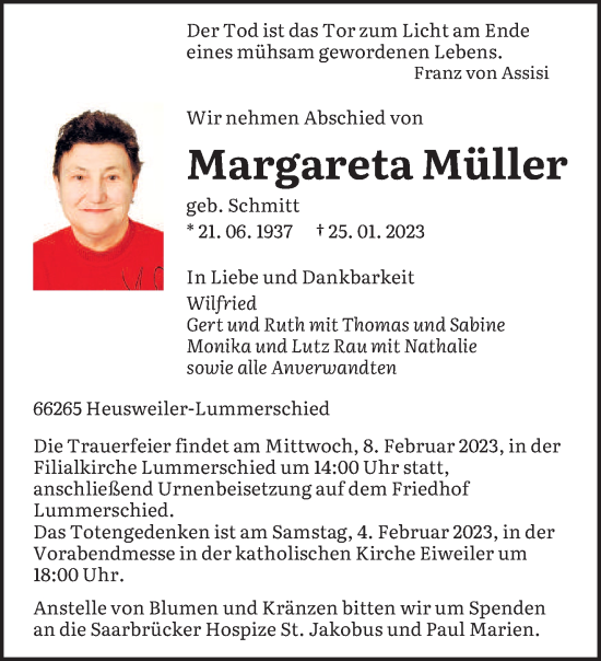 Todesanzeige von Margareta Müller von saarbruecker_zeitung