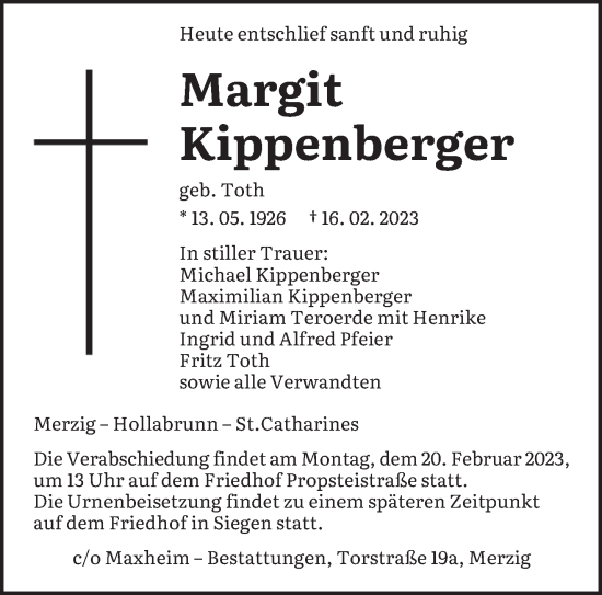 Todesanzeige von Margit Kippenberger von saarbruecker_zeitung