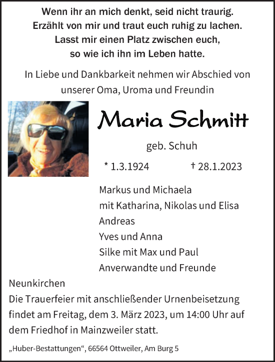 Todesanzeige von Maria Schmitt von saarbruecker_zeitung