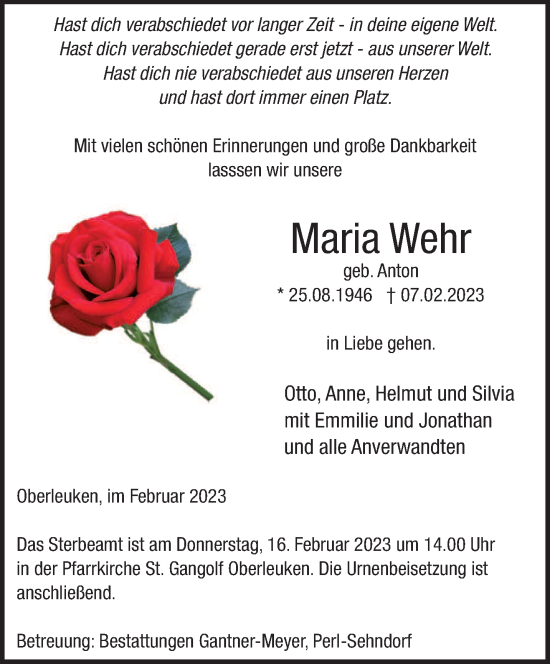 Todesanzeige von Maria Wehr von saarbruecker_zeitung