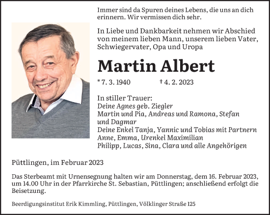 Todesanzeige von Martin Albert von saarbruecker_zeitung