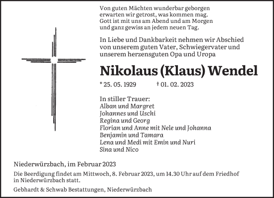 Todesanzeige von Nikolaus Wendel von saarbruecker_zeitung