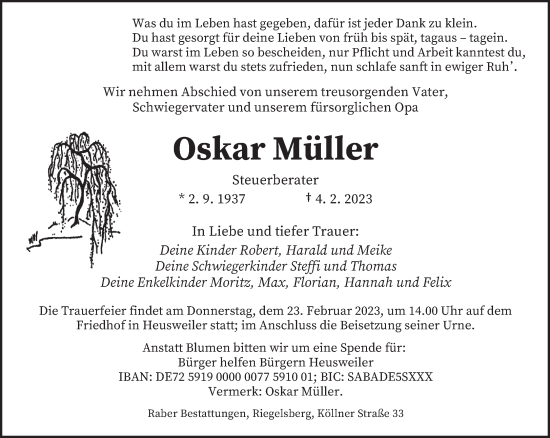Todesanzeige von Oskar Müller von saarbruecker_zeitung