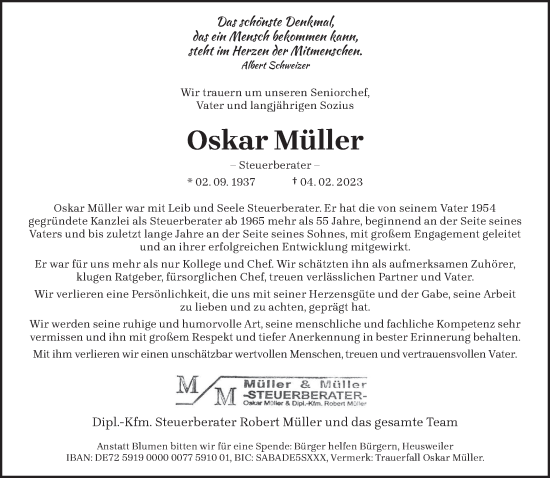 Todesanzeige von Oskar Müller von saarbruecker_zeitung