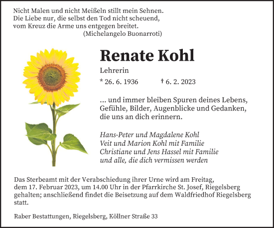 Todesanzeige von Renate Kohl von saarbruecker_zeitung