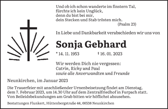 Todesanzeige von Sonja Gebhard von saarbruecker_zeitung