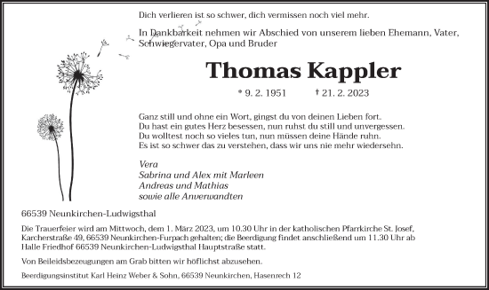 Todesanzeige von Thomas Kappler von saarbruecker_zeitung
