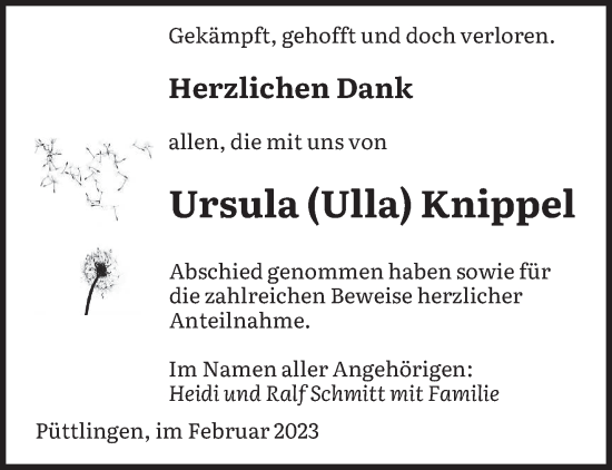 Todesanzeige von Ursula Knippel von saarbruecker_zeitung