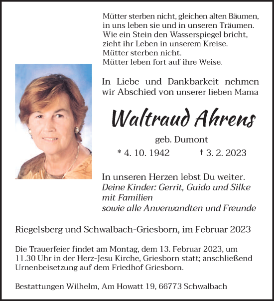 Todesanzeige von Waltraud Ahrens von saarbruecker_zeitung