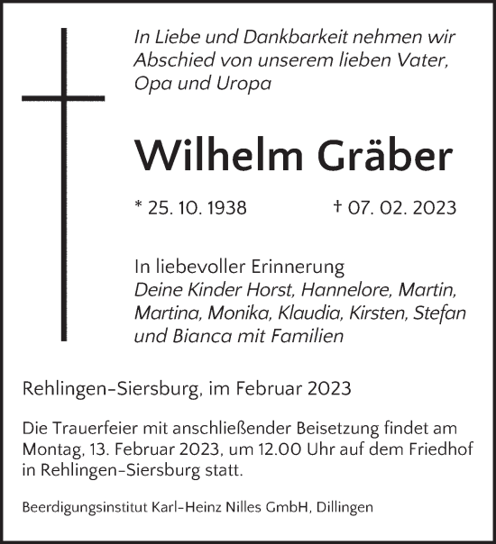 Todesanzeige von Wilhelm Gräber von saarbruecker_zeitung
