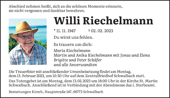 Todesanzeige von Willi Riechelmann von saarbruecker_zeitung