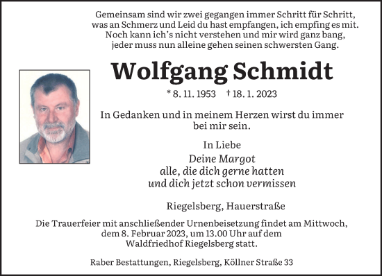 Todesanzeige von Wolfgang Schmidt von saarbruecker_zeitung