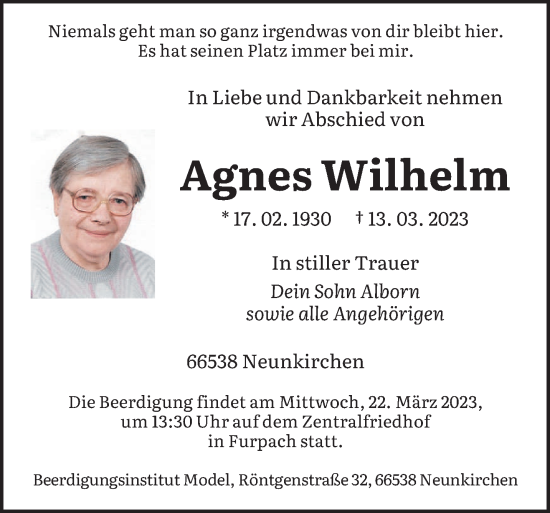 Todesanzeige von Agnes Wilhelm von saarbruecker_zeitung