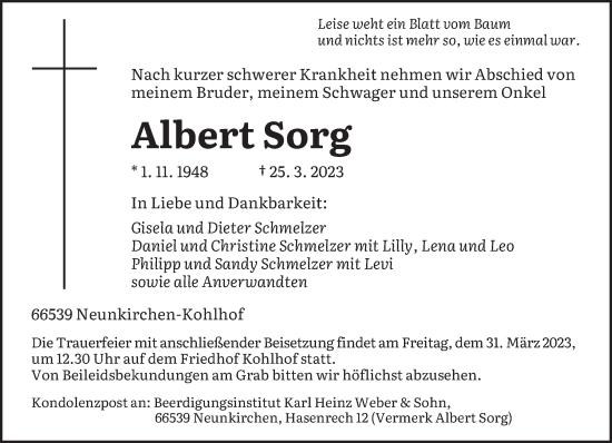 Todesanzeige von Albert Sorg von saarbruecker_zeitung