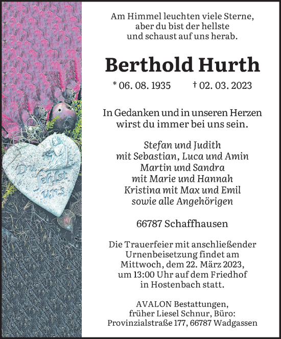 Todesanzeige von Berthold Hurth von saarbruecker_zeitung