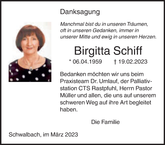 Todesanzeige von Birgitta Schiff von saarbruecker_zeitung