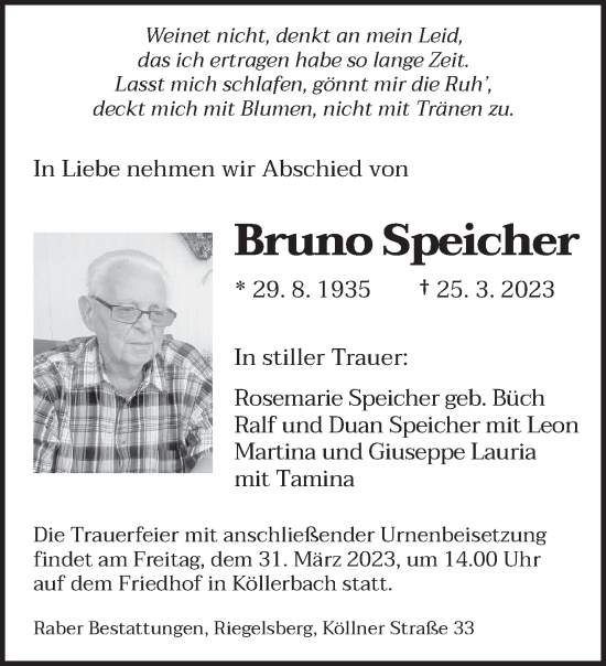 Todesanzeige von Bruno Speicher von saarbruecker_zeitung