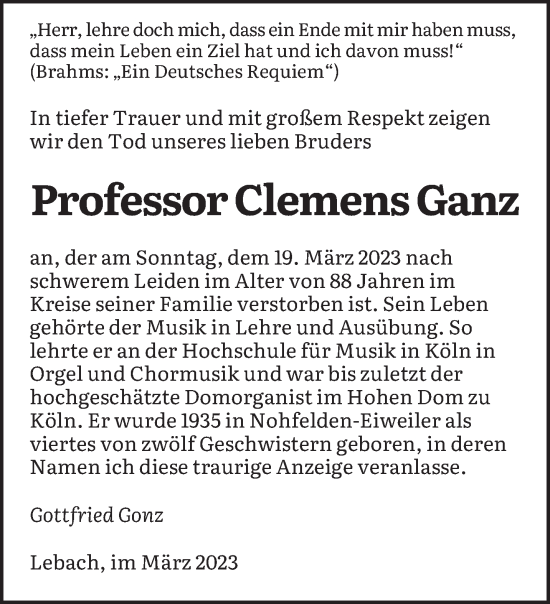 Todesanzeige von Clemens Ganz von saarbruecker_zeitung