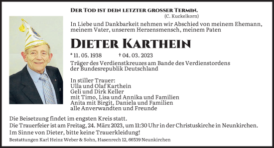 Todesanzeige von Dieter Karthein von saarbruecker_zeitung