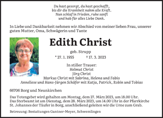 Todesanzeige von Edith Christ von saarbruecker_zeitung