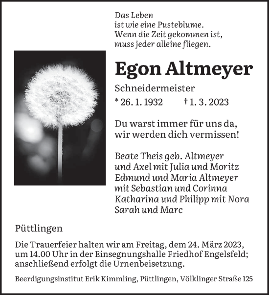 Todesanzeige von Egon Altmeyer von saarbruecker_zeitung