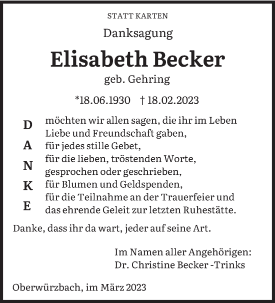 Todesanzeige von Elisabeth Becker von saarbruecker_zeitung