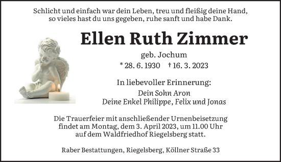 Todesanzeige von Ellen Ruth Zimmer von saarbruecker_zeitung