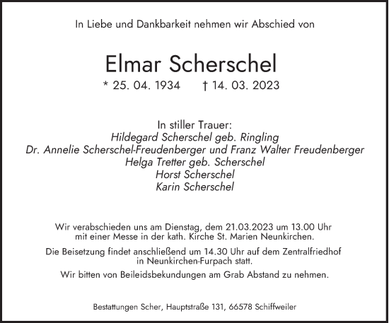 Todesanzeige von Elmar Scherschel von saarbruecker_zeitung