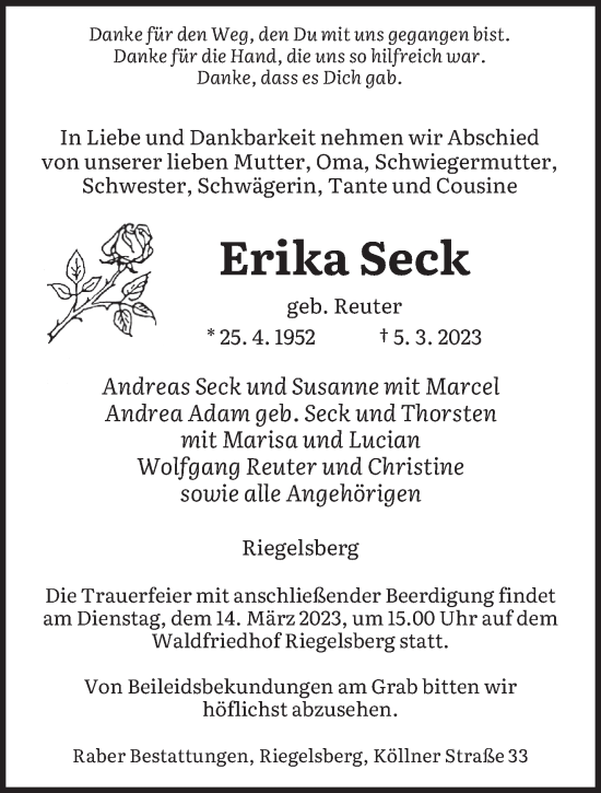 Todesanzeige von Erika Seck von saarbruecker_zeitung