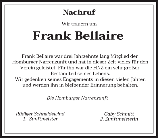Todesanzeige von Frank Bellaire von saarbruecker_zeitung