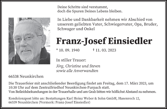 Todesanzeige von Franz-Josef Einsiedler von saarbruecker_zeitung