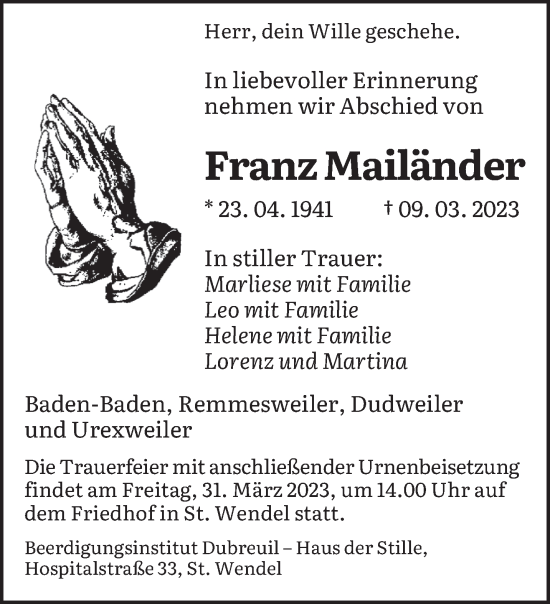 Todesanzeige von Franz Mailänder von saarbruecker_zeitung