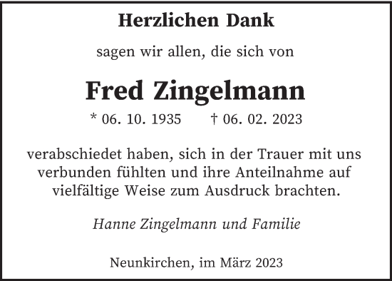 Todesanzeige von Fred Zingelmann von saarbruecker_zeitung
