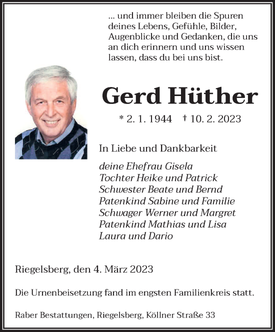 Todesanzeige von Gerd Hüther von saarbruecker_zeitung