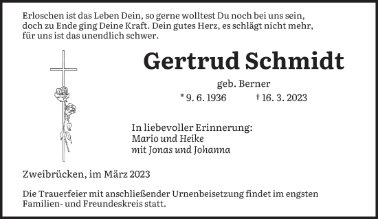Todesanzeige von Gertrud Schmidt von saarbruecker_zeitung